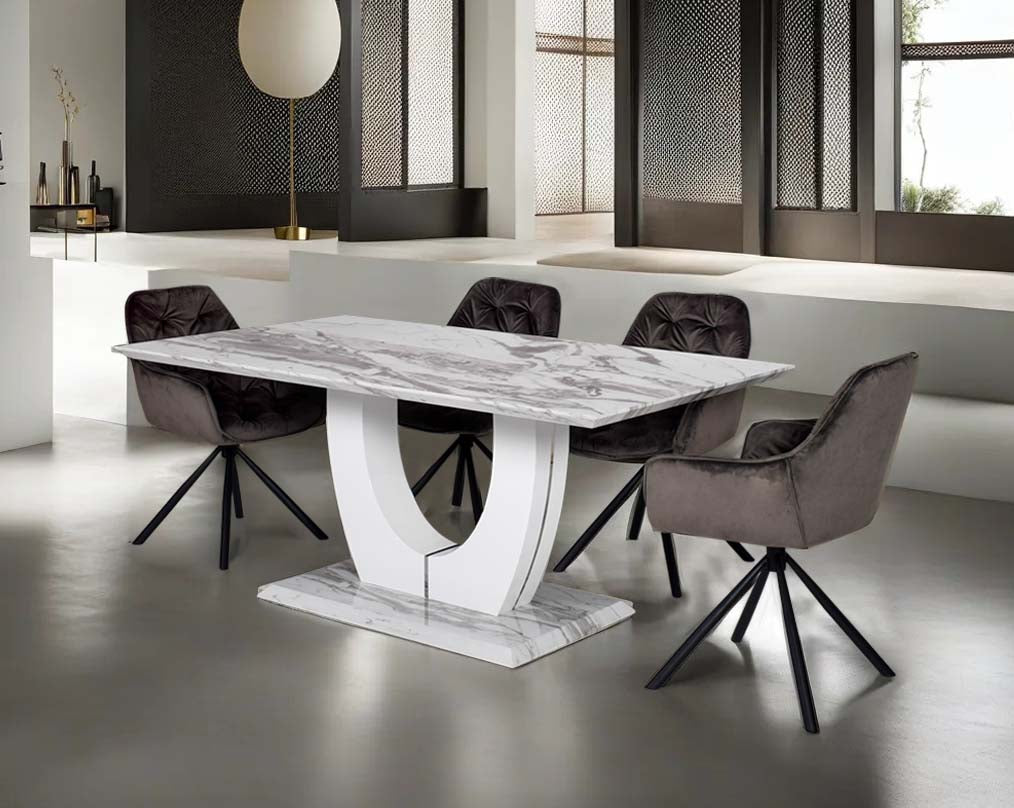 This 6 seater dining table comes with a white imitation Italian marble top with dining chair.