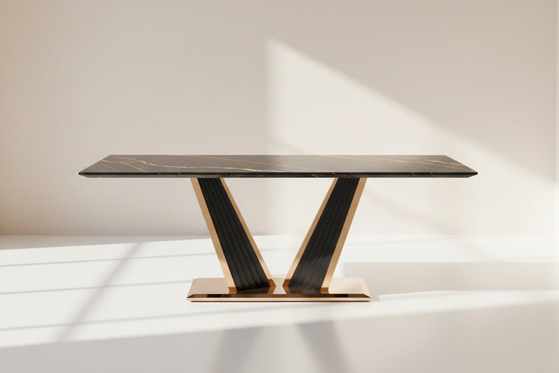 This glorious marble top dining table features a tree bark design motif finished in glossy rose gold plated stainless steel & black sandblasted base.