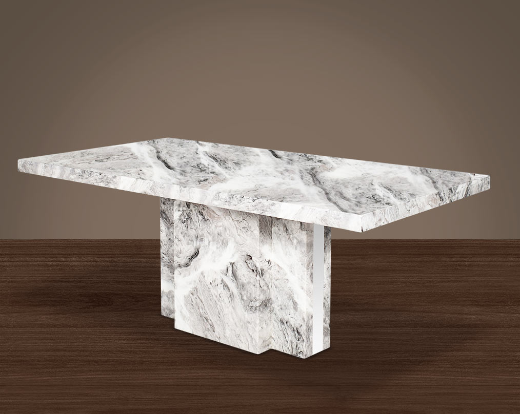 6 & 8 Seater rectangular dining table with marble top and base in glossy finish with stainless steel trims at the sides.