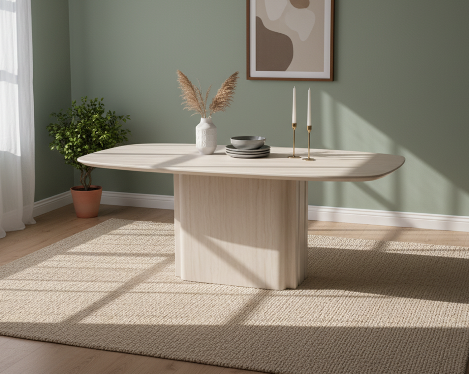 Round wooden dining table with decor items in a room with green walls and a rug.