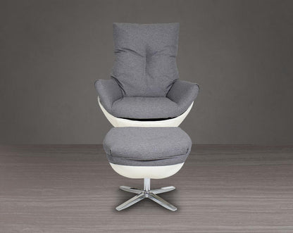 This lounge chair and ottoman set is designed to serve as the epitome of comfort for your leisure time. The chair is made with dense foam padding, comes finely upholstered in fabric with faux leather and stainless steel base with swivel. The lounge chair 