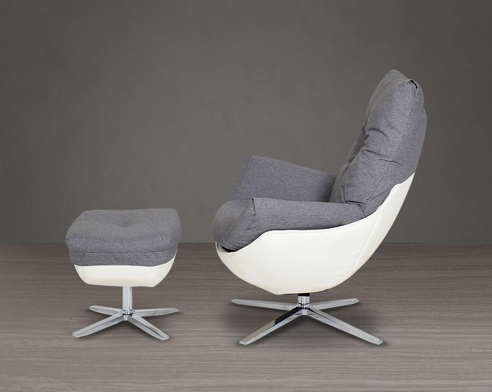 This lounge chair and ottoman set is designed to serve as the epitome of comfort for your leisure time. The chair is made with dense foam padding, comes finely upholstered in fabric with faux leather and stainless steel base with swivel. The lounge chair 