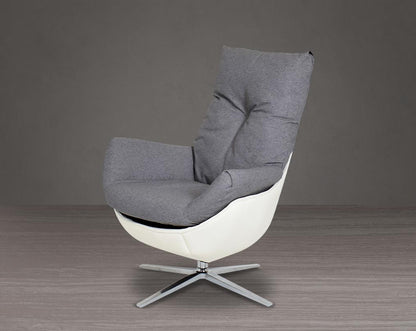 The chair is made with back  dense foam padding, comes finely upholstered in fabric with faux leather and stainless steel base with swivel.