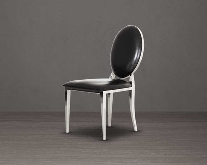 Dining chair upholstered in faux leather with stainless steel frame and legs.