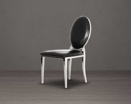 Dining chair upholstered in faux leather with stainless steel frame and legs.