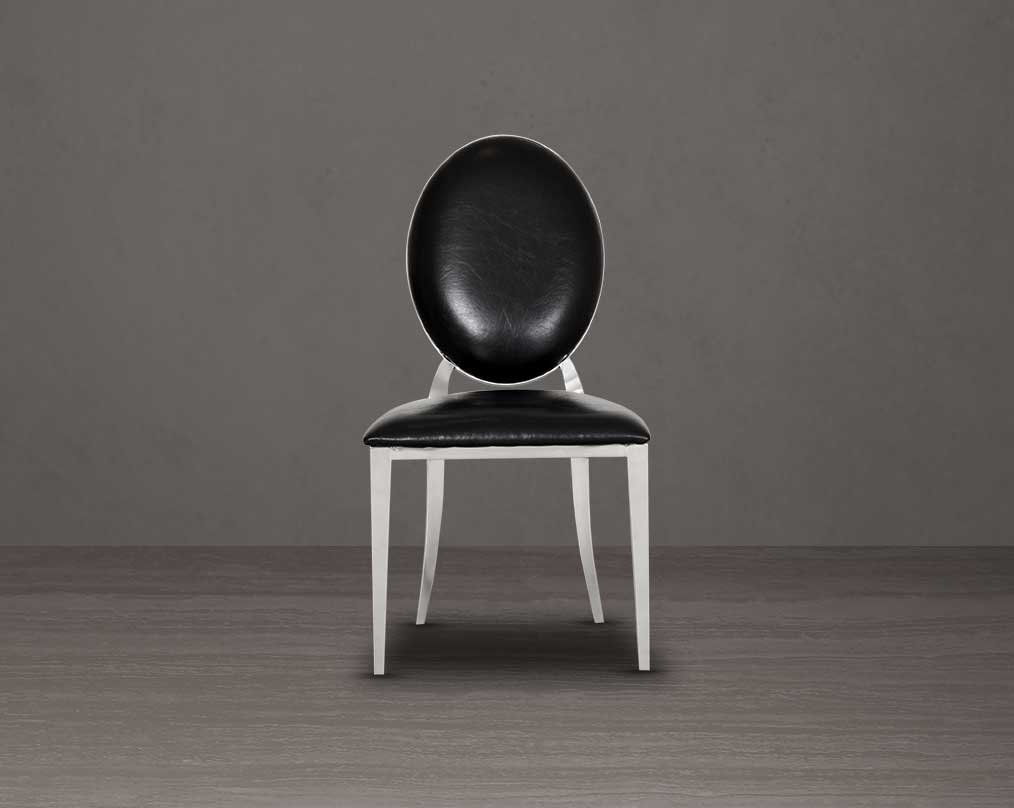Dining chair upholstered in faux leather with front view stainless steel frame and legs.