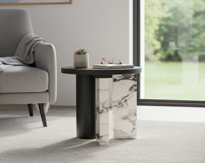 Modern side table with marble base in a living room setting