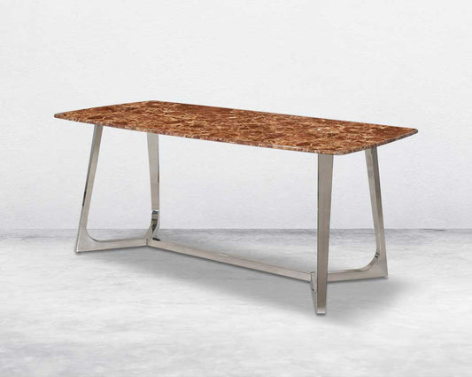 6 & 8 Seater rectangular dining table with brown marble top and high polished stainless steel base. 