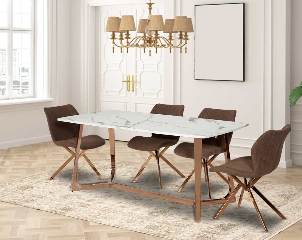 arturo-rose-gold-6-8-seater-marble-dining-tale-with-adalira-leatherette-gold-dining-chair with decor light 