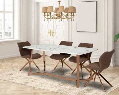 arturo-rose-gold-6-8-seater-marble-dining-tale-with-adalira-leatherette-gold-dining-chair with decor light 