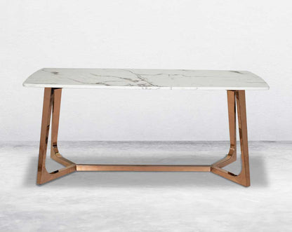 6 & 8 Seater rectangular dining table with white marble top and high polished stainless steel base with rose gold finish.