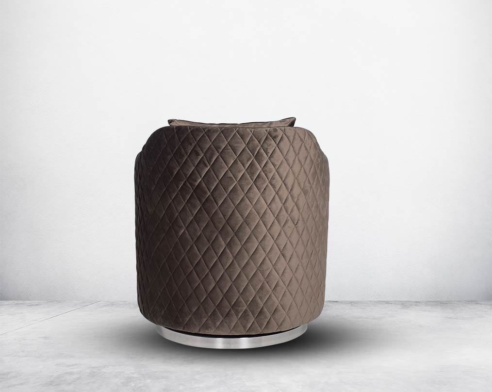 Quilted fabric leisure chair with stainless steel base with swivel, it comes with a cushion to compliment with back view.