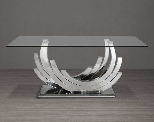 This 6 & 8 seater dining table with clear tempered glass top comes with an artful abstract stainless steel base.The stainless steel base echoes an opulent and sophisticated modern style and stands out in any ambience.
