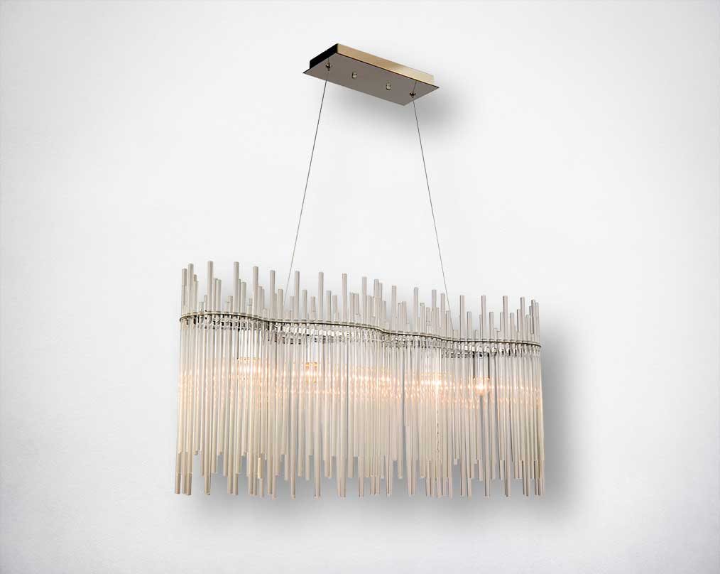 This beautiful 5-light rectangular pendant light is suspended by wire to create a floating effect. 