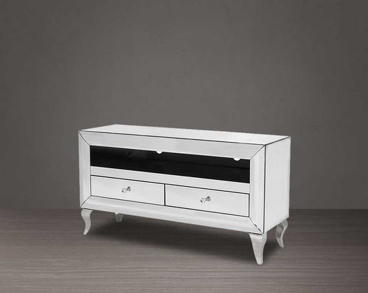 TV unit in a curved mirror with two drawers with side view 