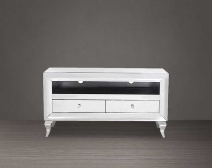 TV unit in a curved mirror with two drawers with front view 