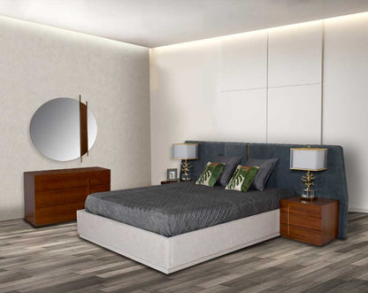 Symmetry and style define this eye-catching bedside table with luxury bed and pillow with Dressers with mirrors , constructed from light walnut veneer with three drawers & gold-finished stainless steel handles.