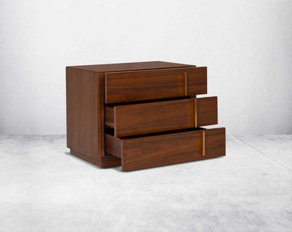 Symmetry and style define this eye-catching bedside table,  open drawer constructed from light walnut veneer with open three drawers & gold-finished stainless steel handles.