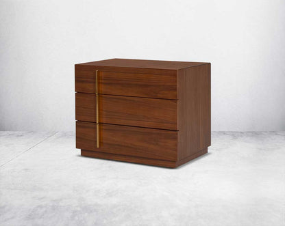 this eye-catching bedside table, constructed from light walnut veneer with three drawers & gold-finished stainless steel handles.