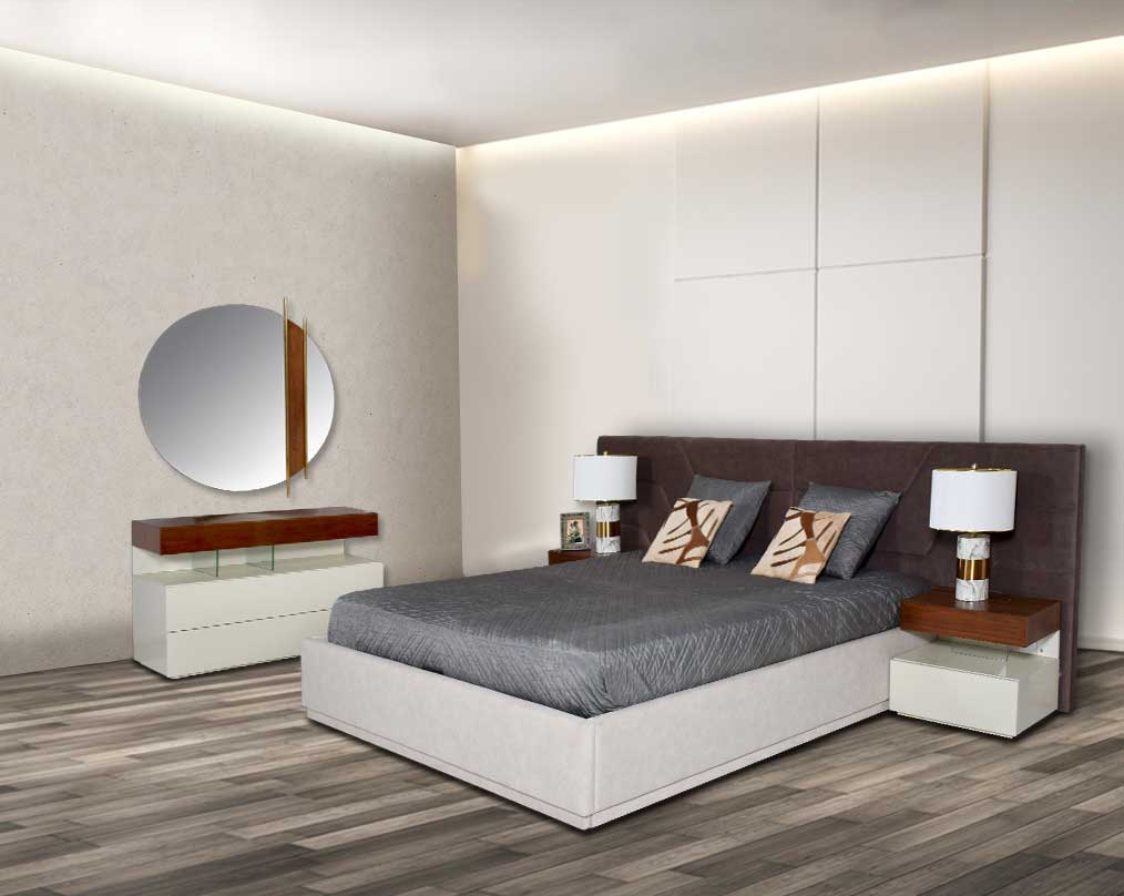 The gorgeous bedside table with luxury bed and pillow Dressers with mirrors comes in beige glossy finish & light walnut top with one drawer.
