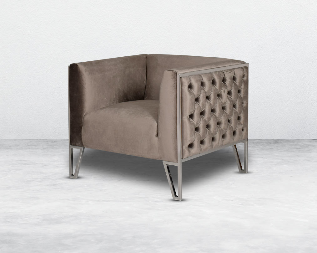 This 1  seater sofa set is the perfect addition to any living space looking to add a modern classic feel. Crafted beautifully with high polished stainless steel geometric legs and upholstered in luxurious velvet