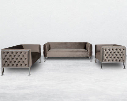 This 3+2+1 seater sofa set is the perfect addition to any living space looking to add a modern classic feel. Crafted beautifully with high polished stainless steel geometric legs and upholstered in luxurious velvet