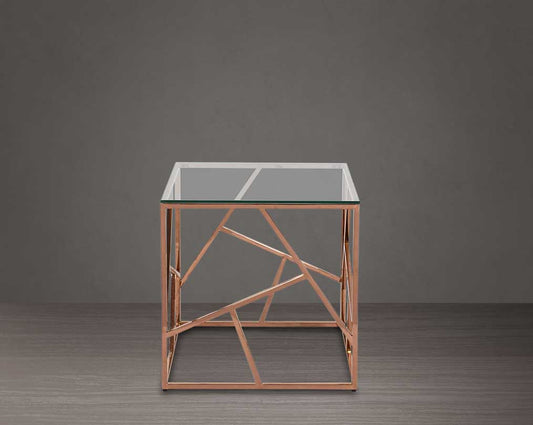 End table with clear glass top and rose gold plated stainless steel frame in sleek contemporary design.