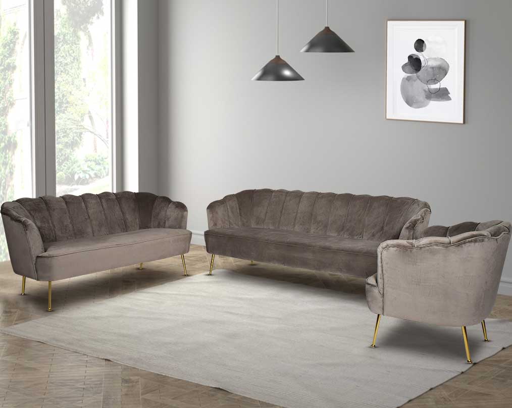 This 3+2+1 seater sofa set comes in a high-quality suede fabric with a quilted backrest that accentuates the simplicity inspired by the graceful blossom of a flower. It has gold-plated stainless steel legs in modern classic design.