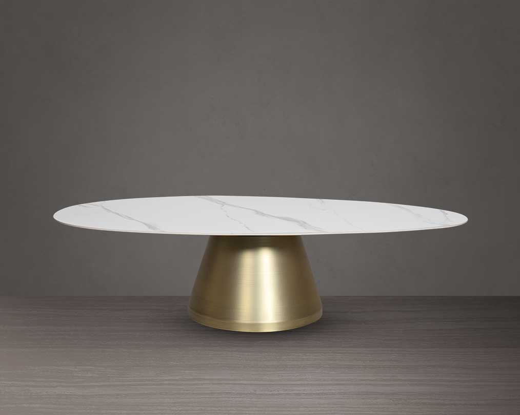 This oval coffee table is a captivating composition of a round white & grey ceramic top & conical metal base