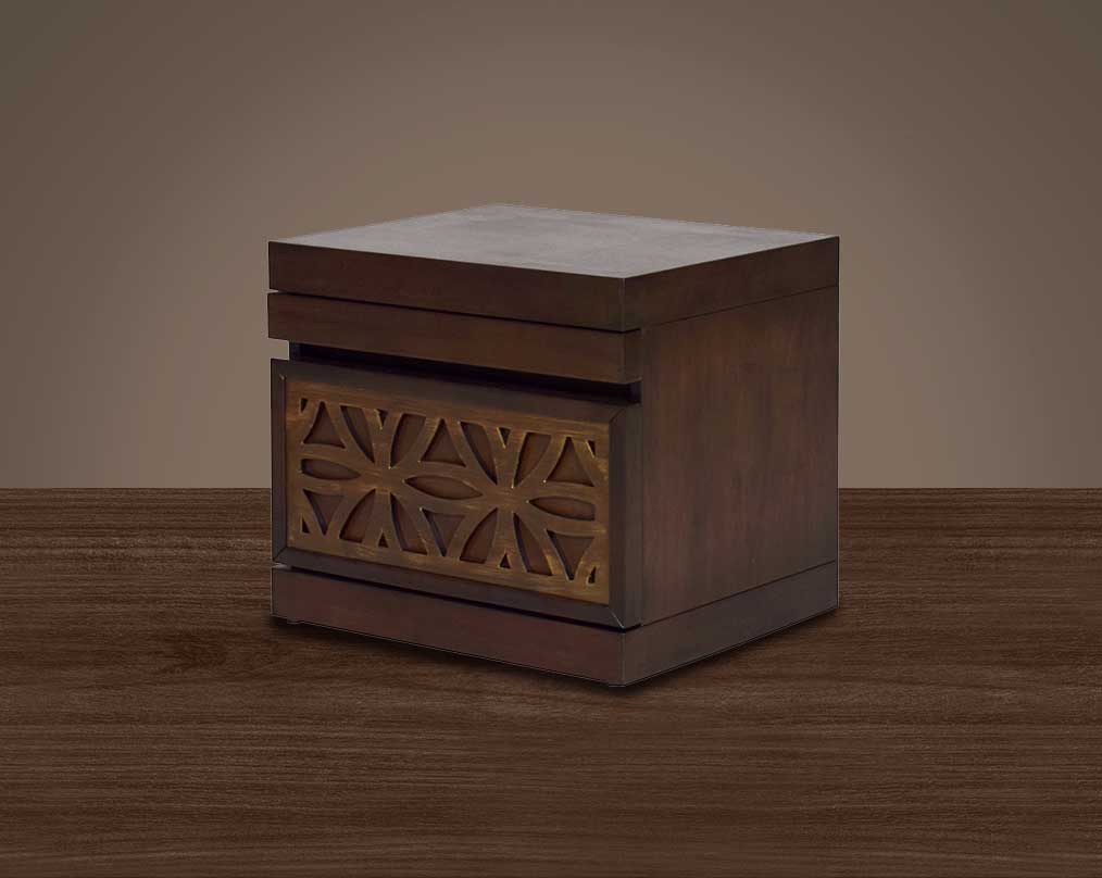 "The bedside table is in oak with a pull-out tray and a drawer. " side back