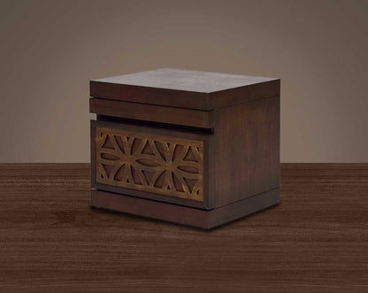 "The bedside table is in oak with a pull-out tray and a drawer. " side back