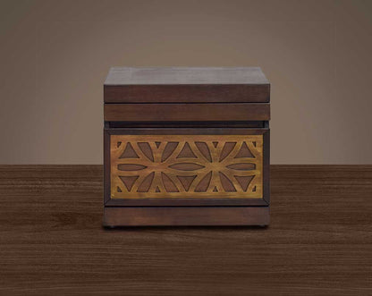 "The bedside table is in oak with a pull-out tray and a drawer. " front view