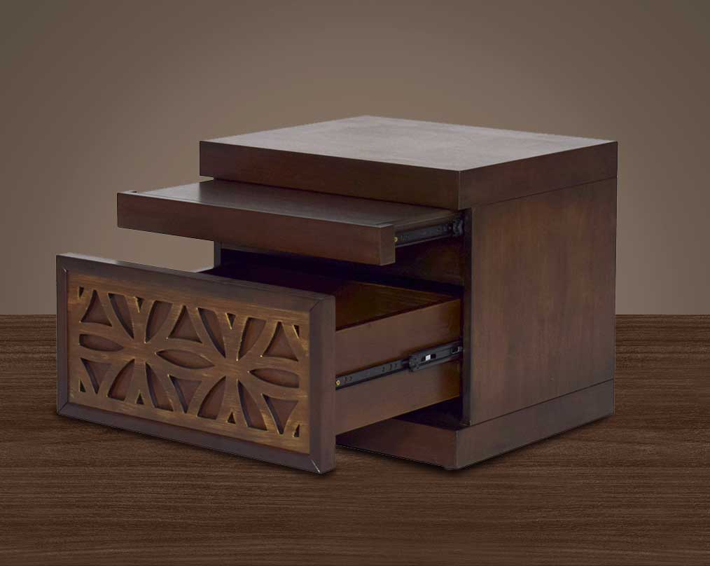 "The bedside table is in oak with a pull-out tray and a open drawer. " 