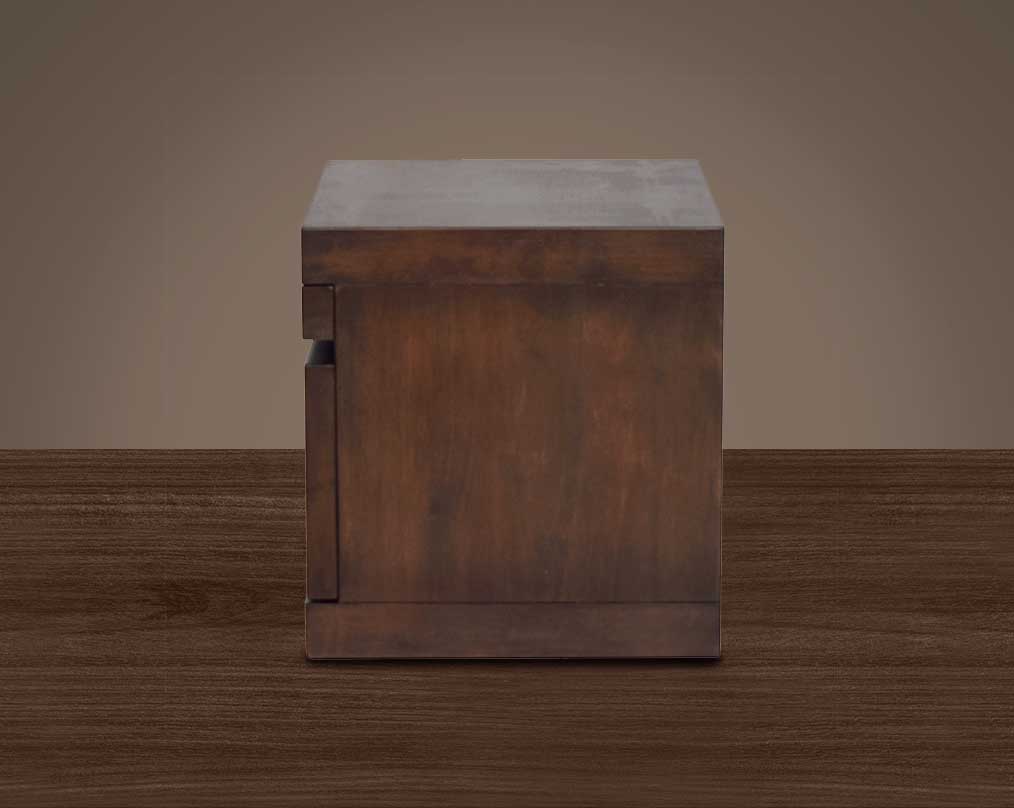 "The bedside table is in oak with a pull-out tray and a drawer. "back view