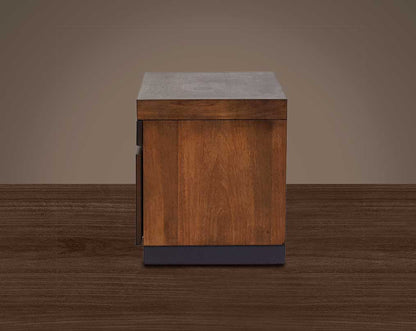 "Bedside table with one drawer in dark walnut & a dresser mirror with 4 drawers." side view