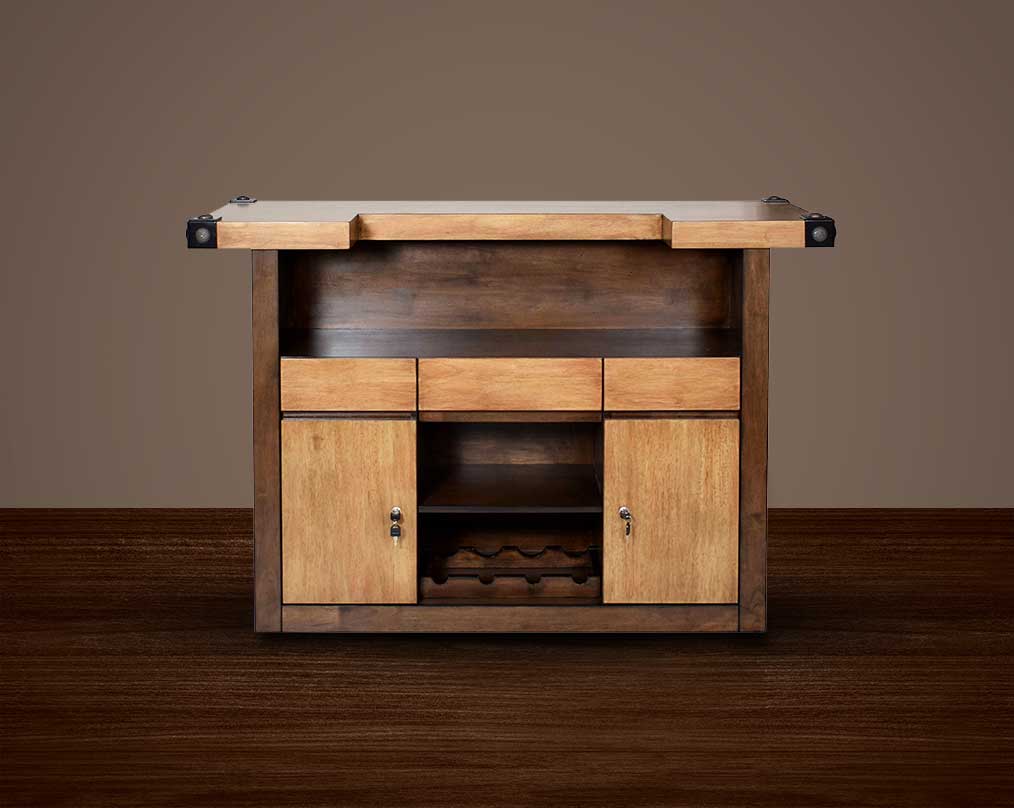This bar is a must-have in the entertaining ensemble, crafted from vintage brown oak wood veneer open drawer