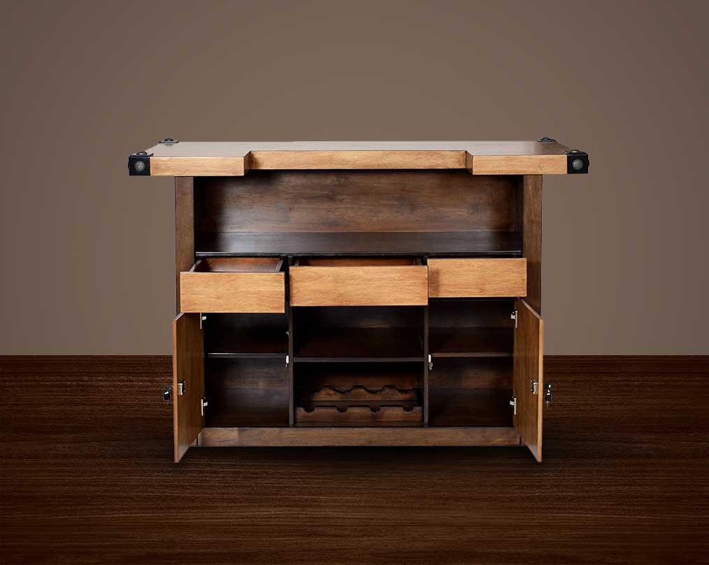 This bar is a must-have in the entertaining ensemble, crafted from vintage brown oak wood veneer open 3 drawer