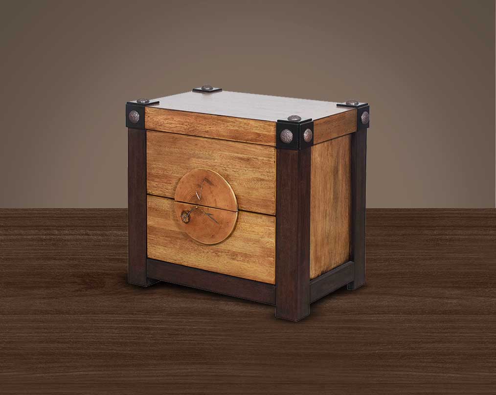 Bed side table in wood & oak veneer with two drawers.