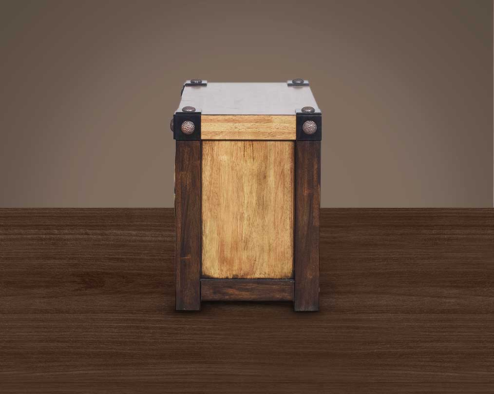 Bed side table  behind part of table in wood & oak veneer with two drawers.