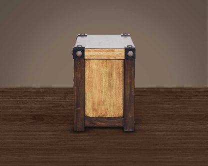 Bed side table  behind part of table in wood & oak veneer with two drawers.