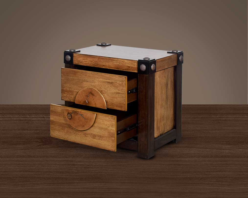 Bed side table in wood & oak veneer with open two drawers.