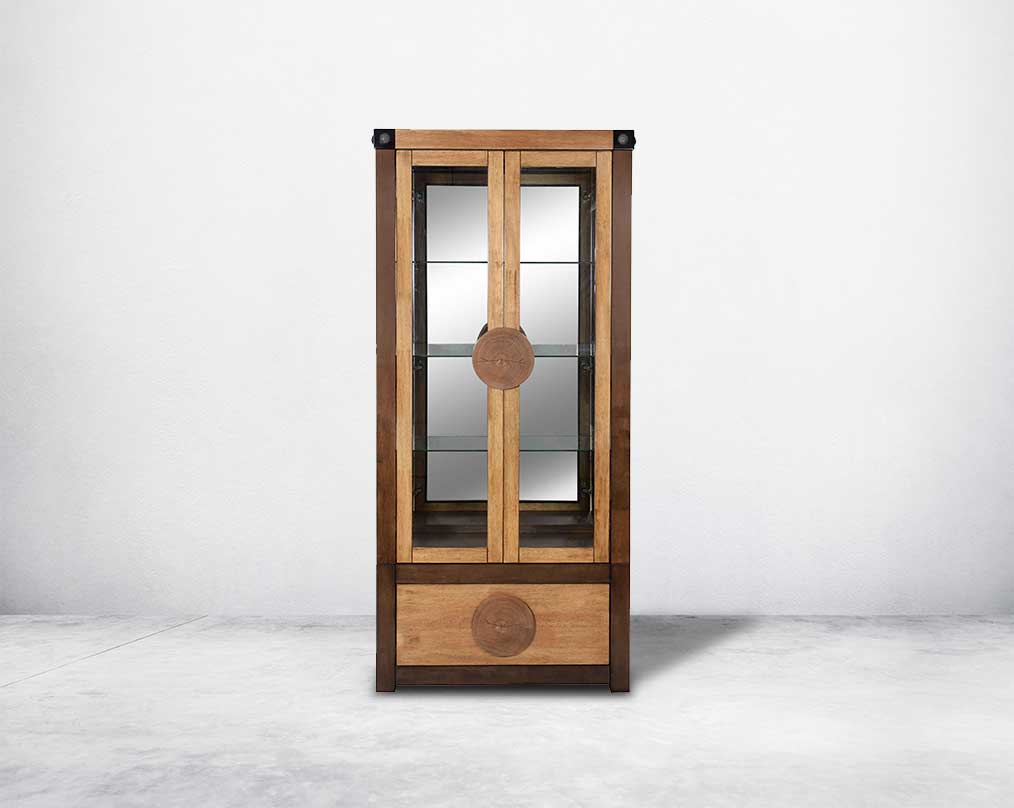 Display cabinet in vintage brown oak wood veneer with wooden frame & clear glass doors with front view 