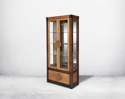 Display cabinet in vintage brown oak wood veneer with wooden frame & clear glass doors with side view 