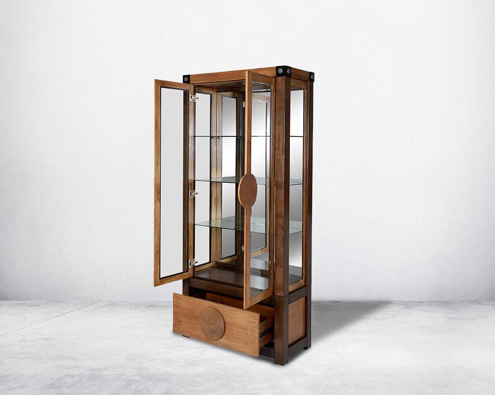 Display cabinet in vintage brown oak wood veneer with wooden frame & clear glass open doors