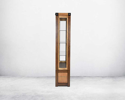 Display cabinet in vintage brown oak wood veneer with wooden frame & clear glass doors with front view 