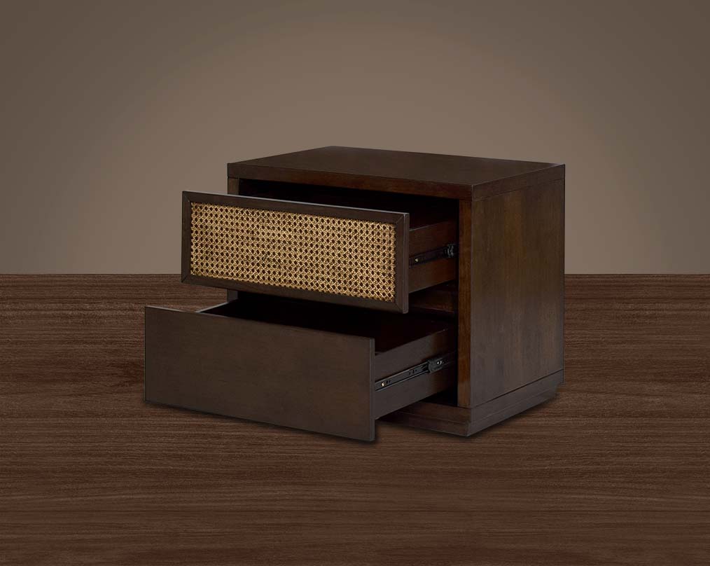 Bedside table with open 2 drawers in dark walnut & bamboo knitted drawer.