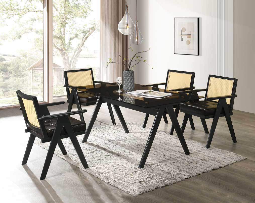 This appealing solid wooden dining chair with dining table  comfy cushioned seat & rattan backrest with curved armrest & geometrical leg design in dark walnut finish in retro style. 