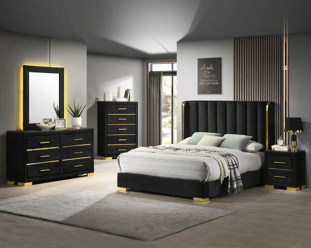 Bedside Table with luxury bed and pillow with Dressers with mirrors  is crafted in dark walnut and high gloss gold finish metal hardware with 2 drawers.