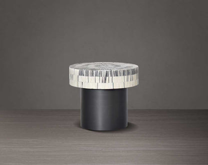 This gorgeous antique black and white inlay coffee and end table with a black metal base is a perfect statement piece in your living room- large