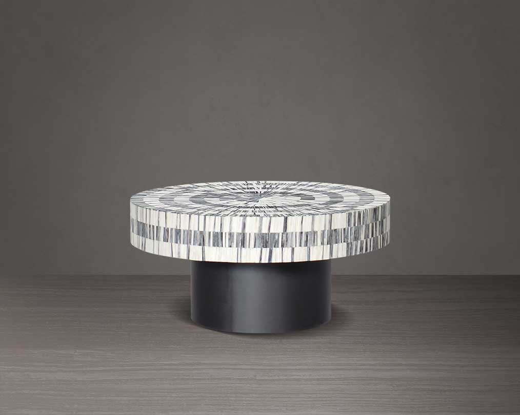 This gorgeous antique black and white inlay coffee and end table with a black metal base is a perfect statement piece in your living room- small size.